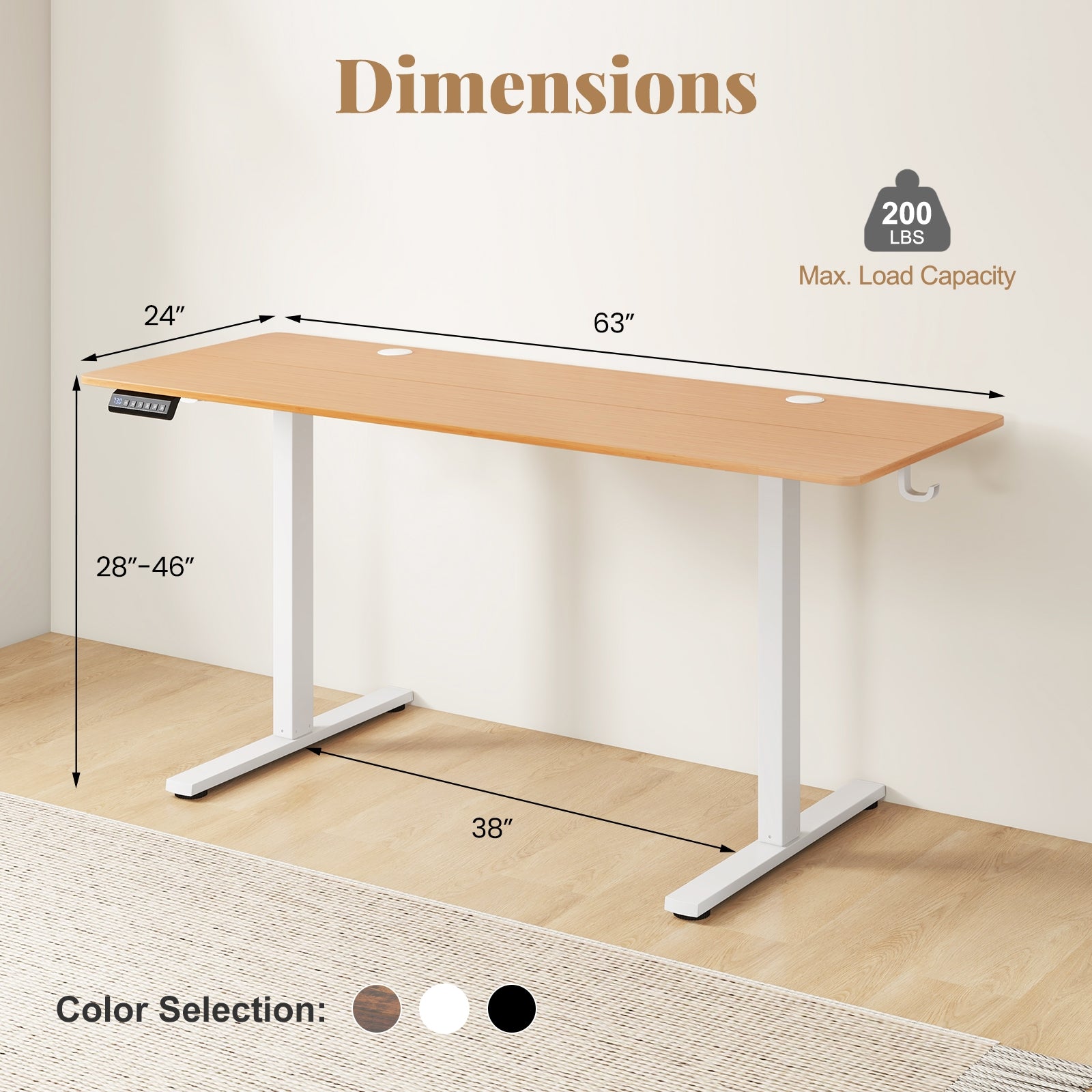 Electric Standing Desk, 3 Memory Heights, 2 Hanging Hooks, Cable Holes, Natural Standing Desks at Gallery Canada