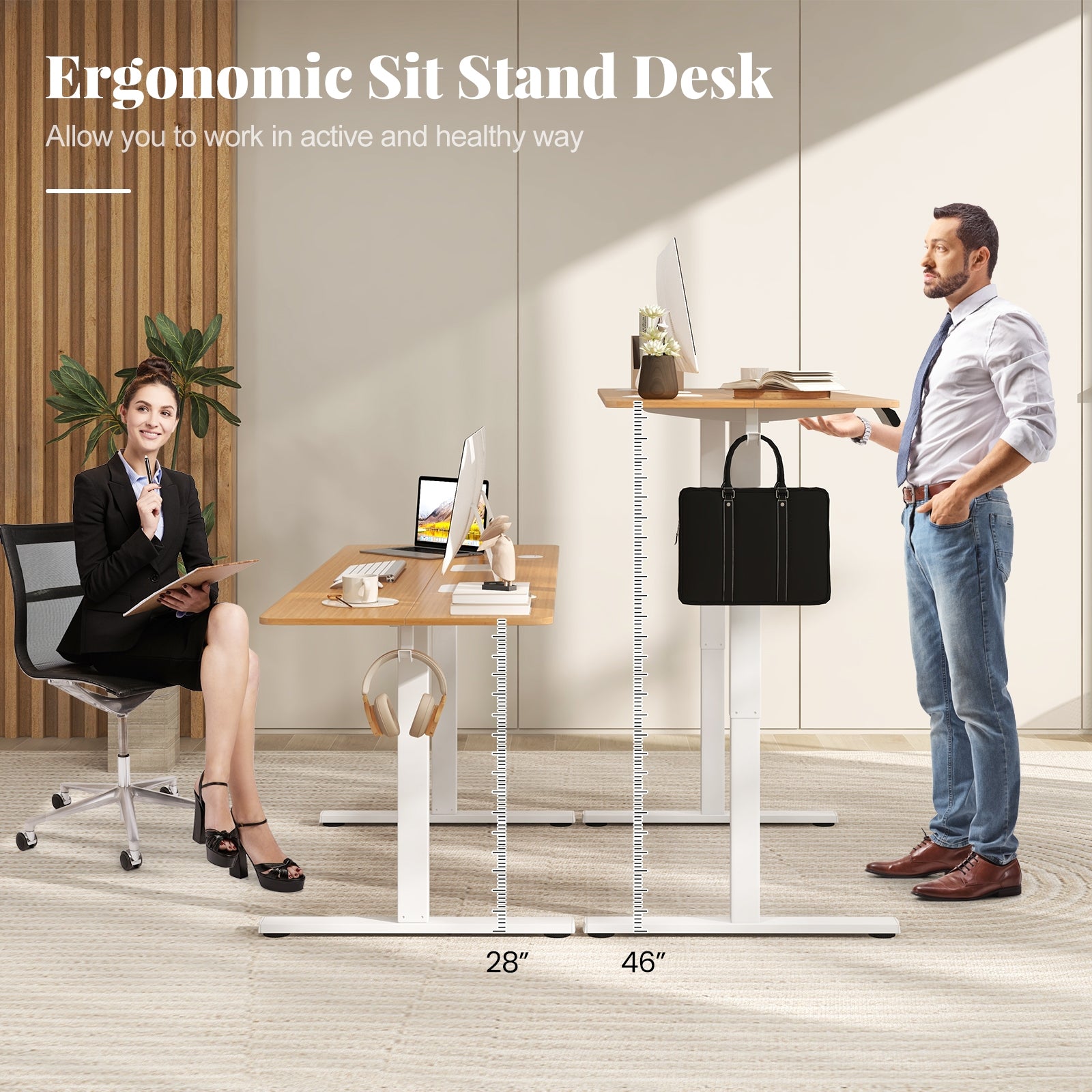 Electric Standing Desk, 3 Memory Heights, 2 Hanging Hooks, Cable Holes, Natural Standing Desks at Gallery Canada