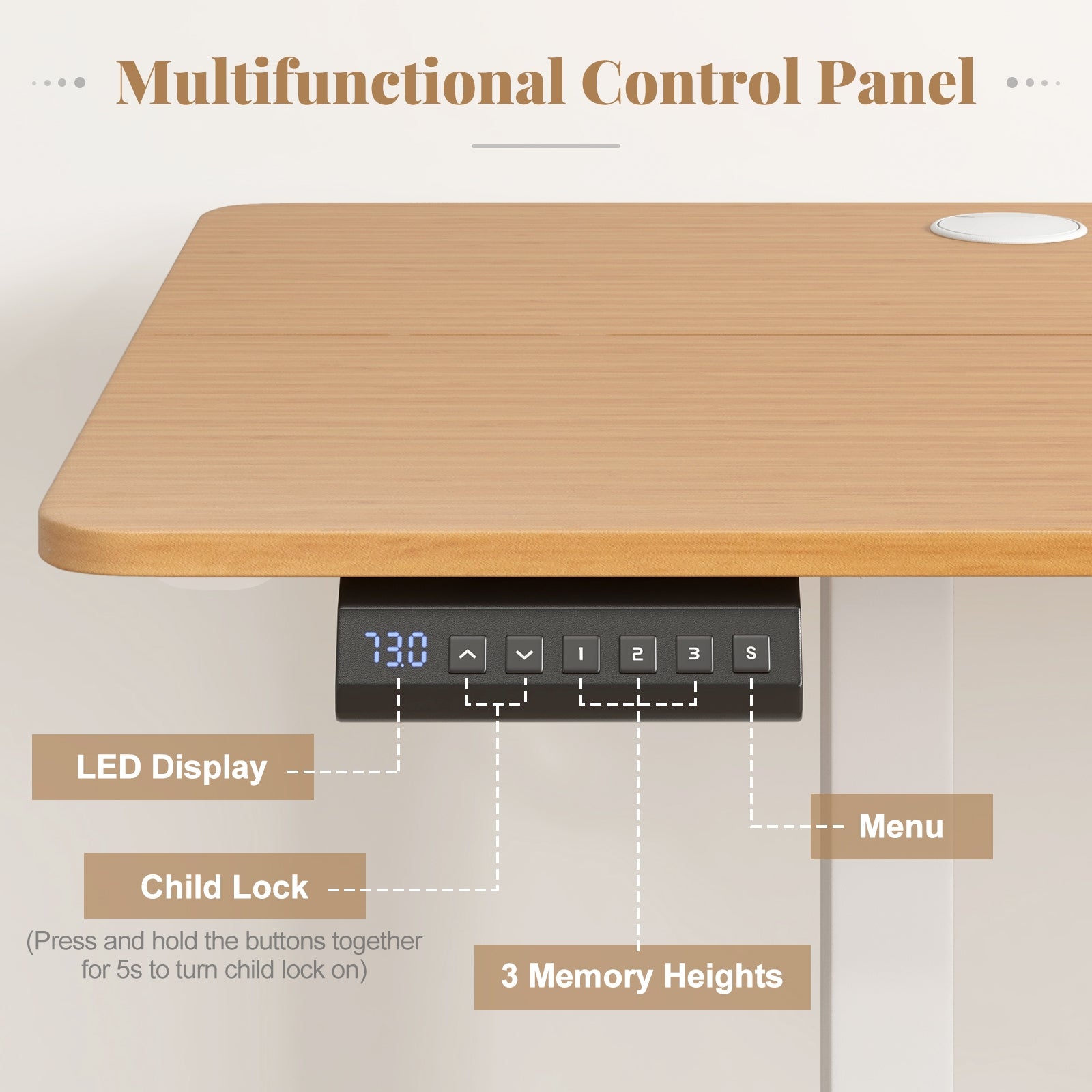 Electric Standing Desk, 3 Memory Heights, 2 Hanging Hooks, Cable Holes, Natural Standing Desks at Gallery Canada