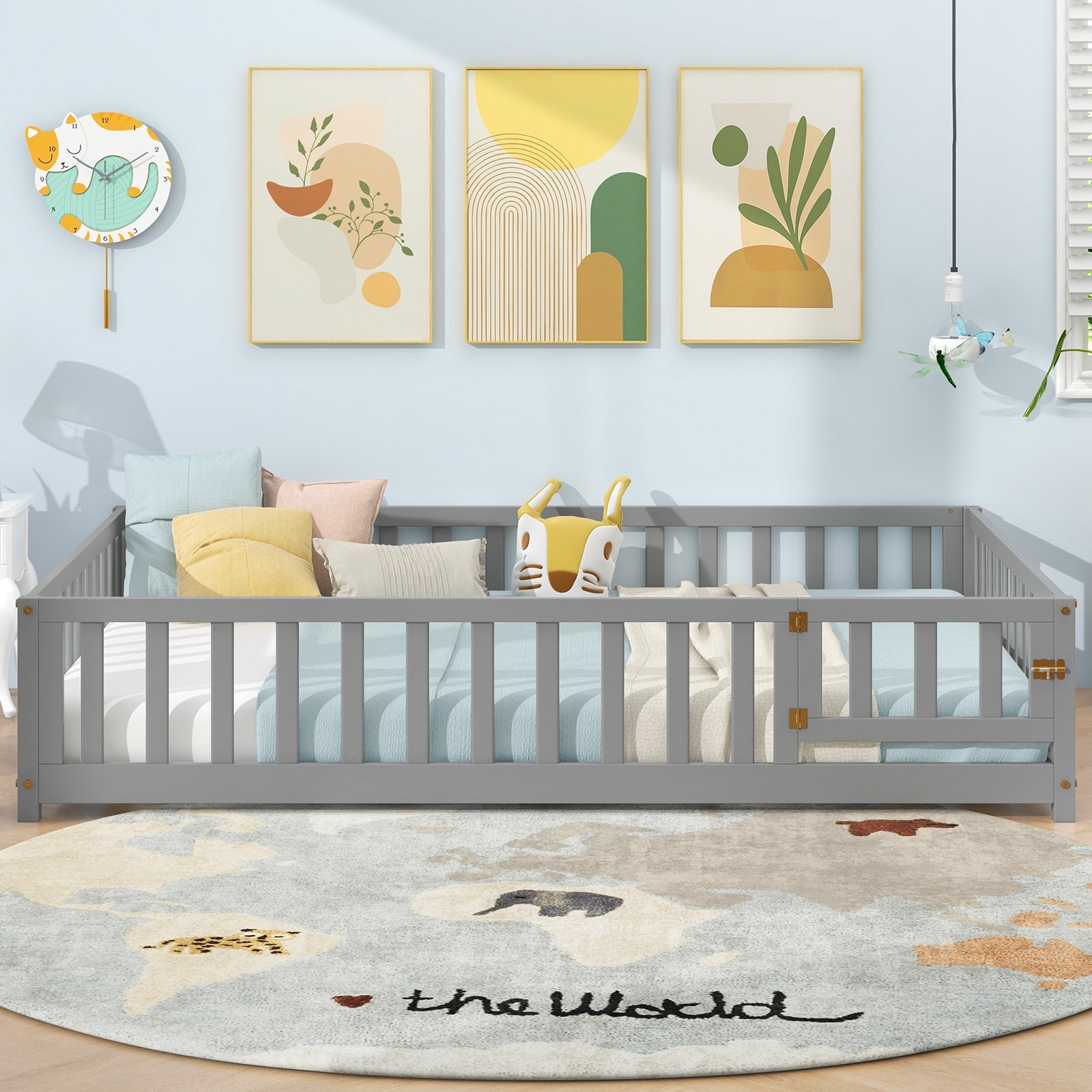 Montessori Bed Frame with Full-length Guardrails Safety Door and Latch, Gray Toddler Beds at Gallery Canada