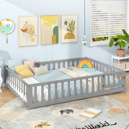 Montessori Bed Frame with Full-length Guardrails Safety Door and Latch, Gray Toddler Beds at Gallery Canada