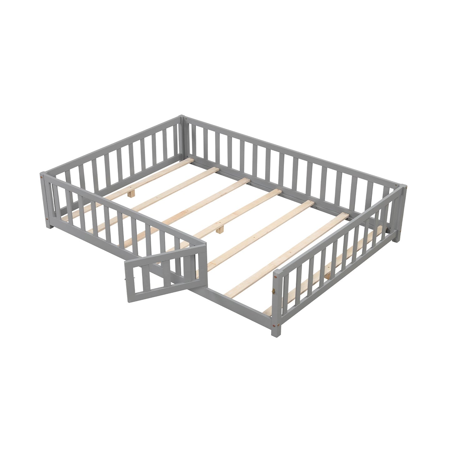 Montessori Bed Frame with Full-length Guardrails Safety Door and Latch, Gray Toddler Beds Gray at Gallery Canada