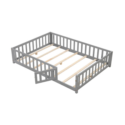 Montessori Bed Frame with Full-length Guardrails Safety Door and Latch, Gray Toddler Beds at Gallery Canada