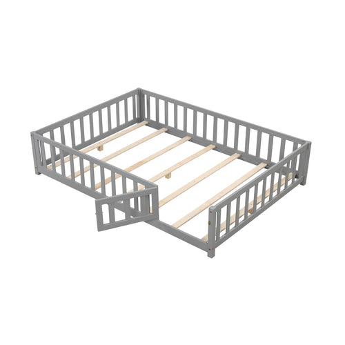 Montessori Bed Frame with Full-length Guardrails Safety Door and Latch, Gray