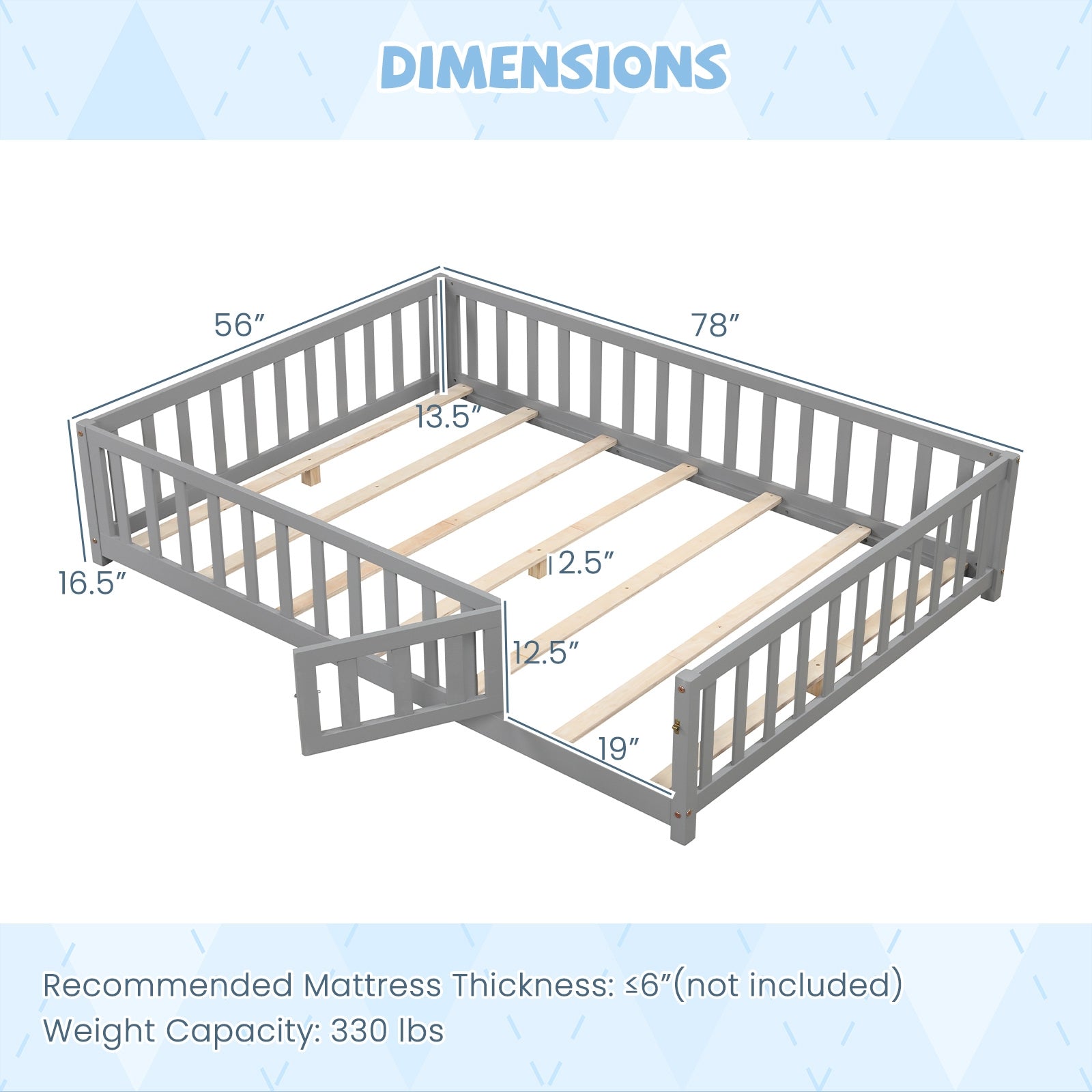 Montessori Bed Frame with Full-length Guardrails Safety Door and Latch, Gray Toddler Beds at Gallery Canada