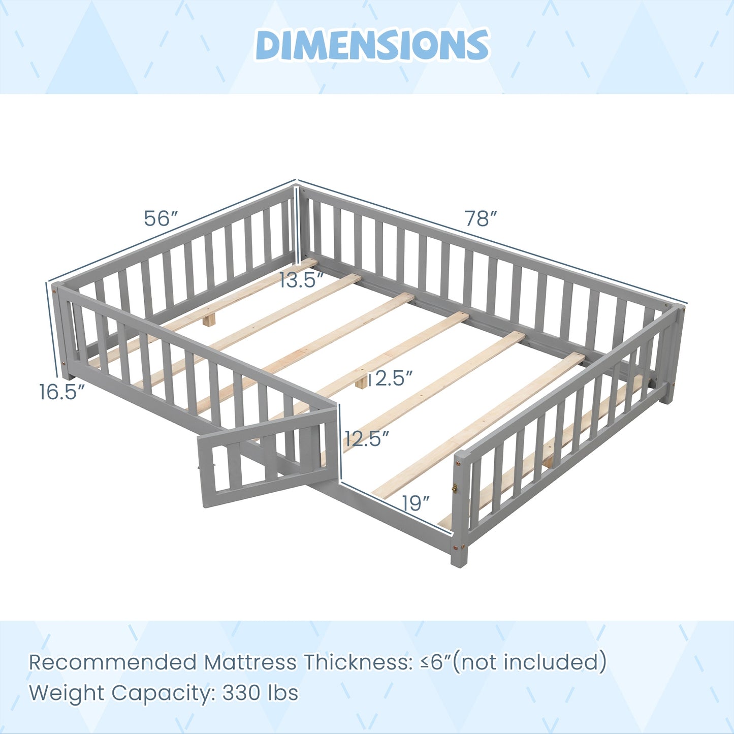 Montessori Bed Frame with Full-length Guardrails Safety Door and Latch, Gray Toddler Beds at Gallery Canada