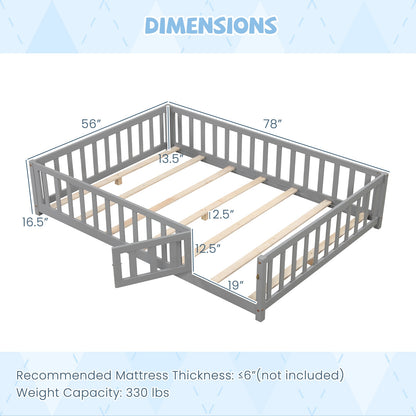 Montessori Bed Frame with Full-length Guardrails Safety Door and Latch, Gray Toddler Beds at Gallery Canada