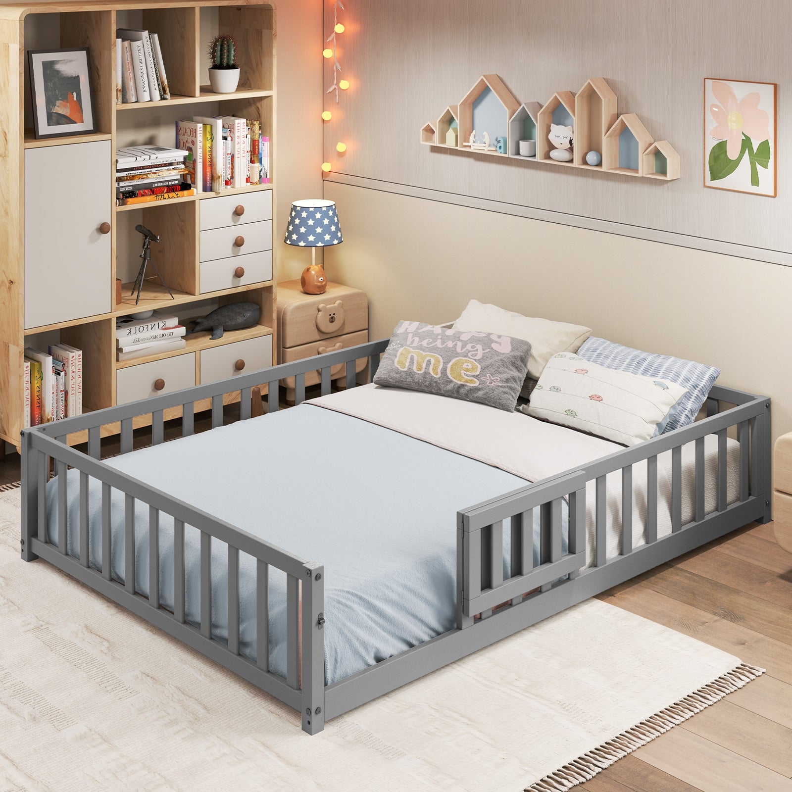 Montessori Bed Frame with Full-length Guardrails Safety Door and Latch, Gray Toddler Beds at Gallery Canada