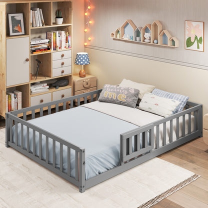 Montessori Bed Frame with Full-length Guardrails Safety Door and Latch, Gray Toddler Beds at Gallery Canada