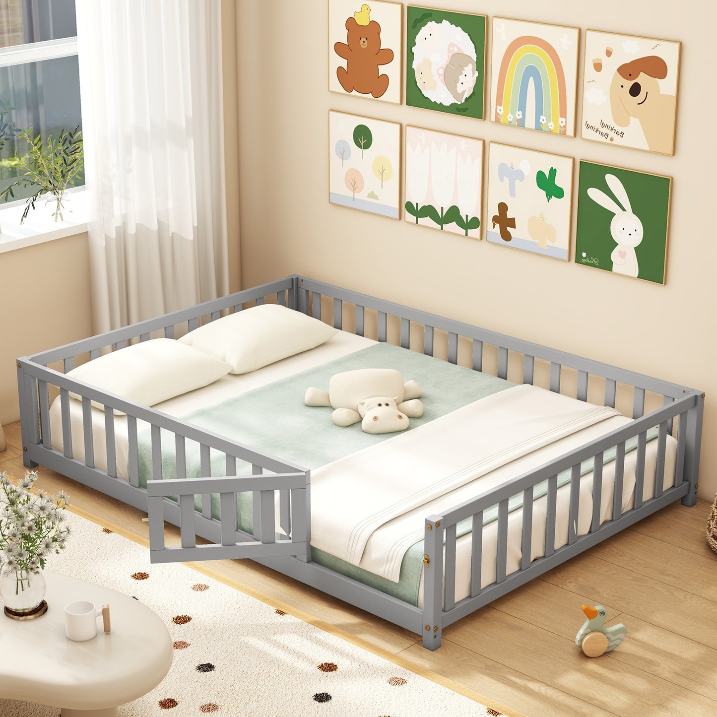 Montessori Bed Frame with Full-length Guardrails Safety Door and Latch, Gray Toddler Beds at Gallery Canada