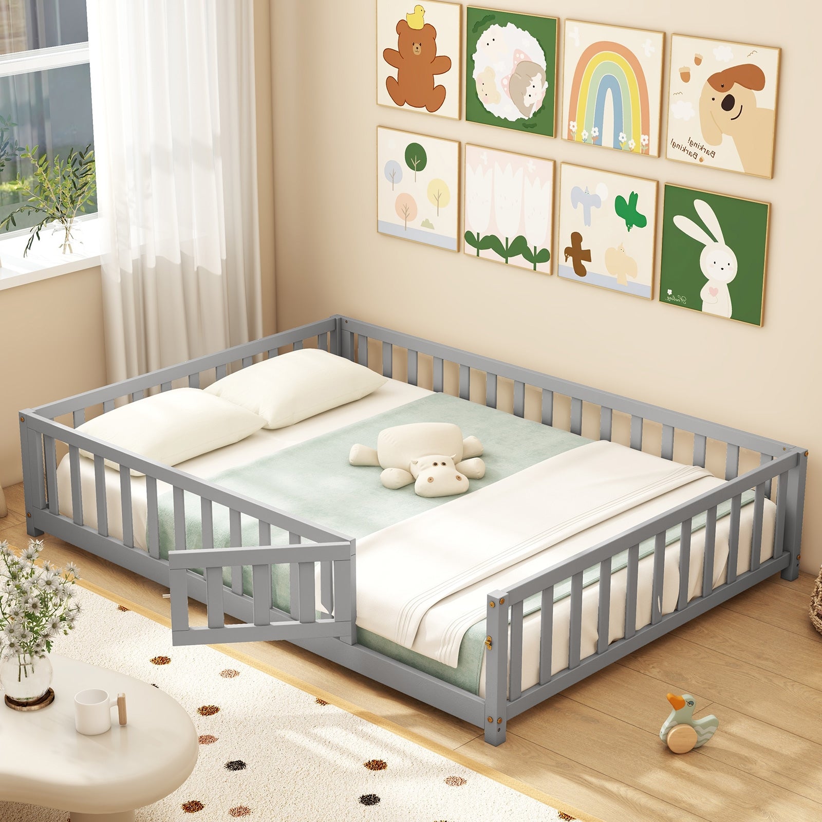 Montessori Bed Frame with Full-length Guardrails Safety Door and Latch, Gray Toddler Beds at Gallery Canada