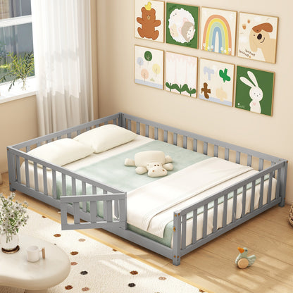 Montessori Bed Frame with Full-length Guardrails Safety Door and Latch, Gray Toddler Beds at Gallery Canada