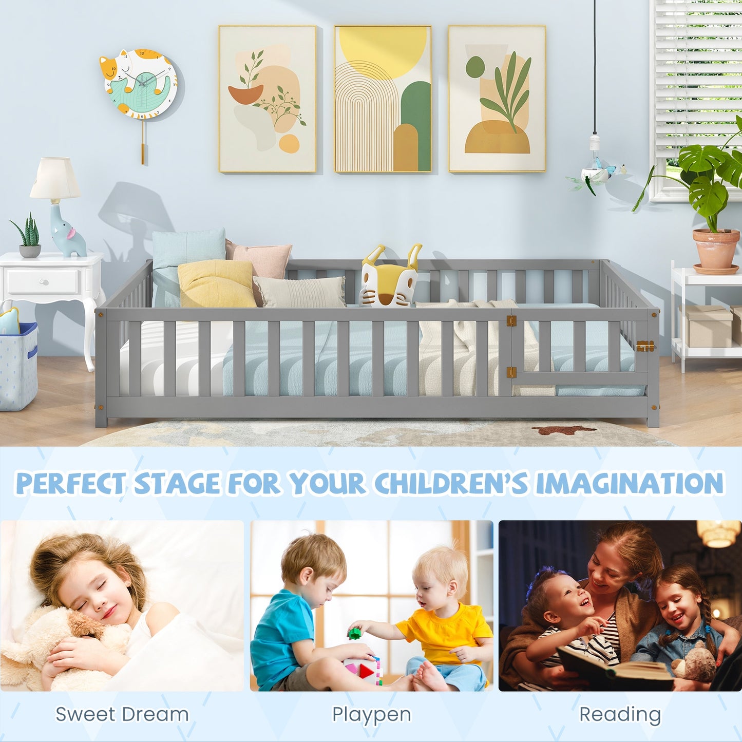 Montessori Bed Frame with Full-length Guardrails Safety Door and Latch, Gray Toddler Beds at Gallery Canada