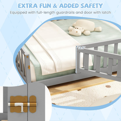 Montessori Bed Frame with Full-length Guardrails Safety Door and Latch, Gray Toddler Beds at Gallery Canada
