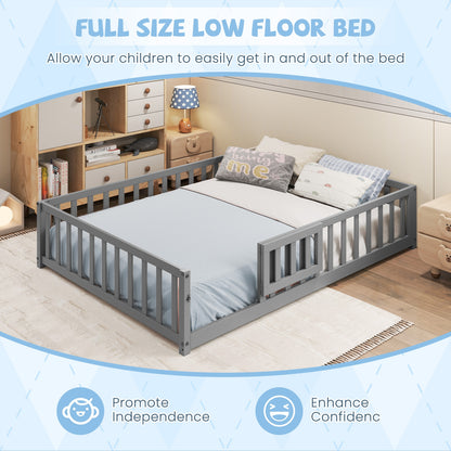 Montessori Bed Frame with Full-length Guardrails Safety Door and Latch, Gray Toddler Beds at Gallery Canada