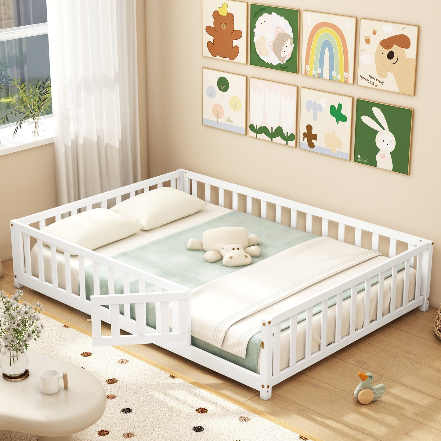 Montessori Bed Frame with Full-length Guardrails Safety Door and Latch, White Toddler Beds at Gallery Canada