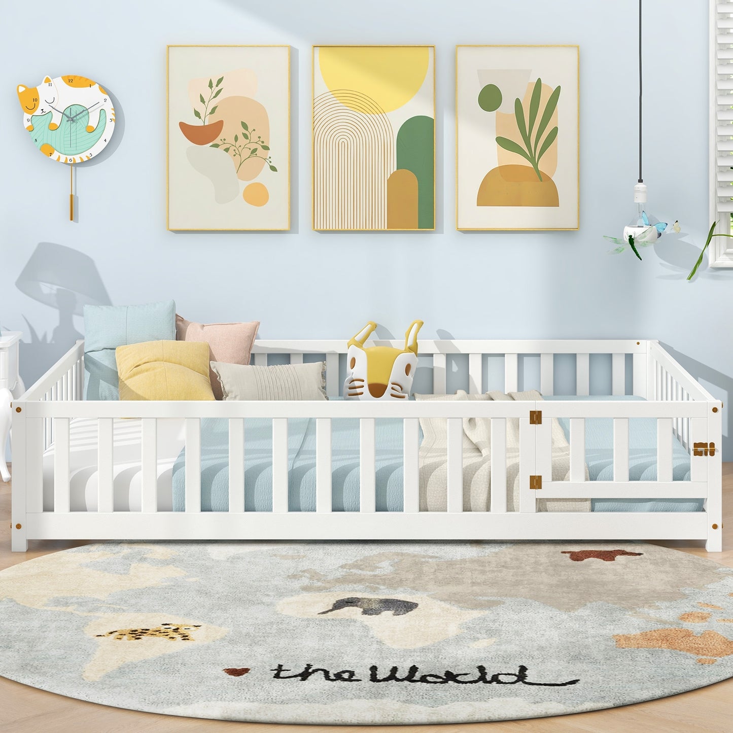Montessori Bed Frame with Full-length Guardrails Safety Door and Latch, White Toddler Beds at Gallery Canada