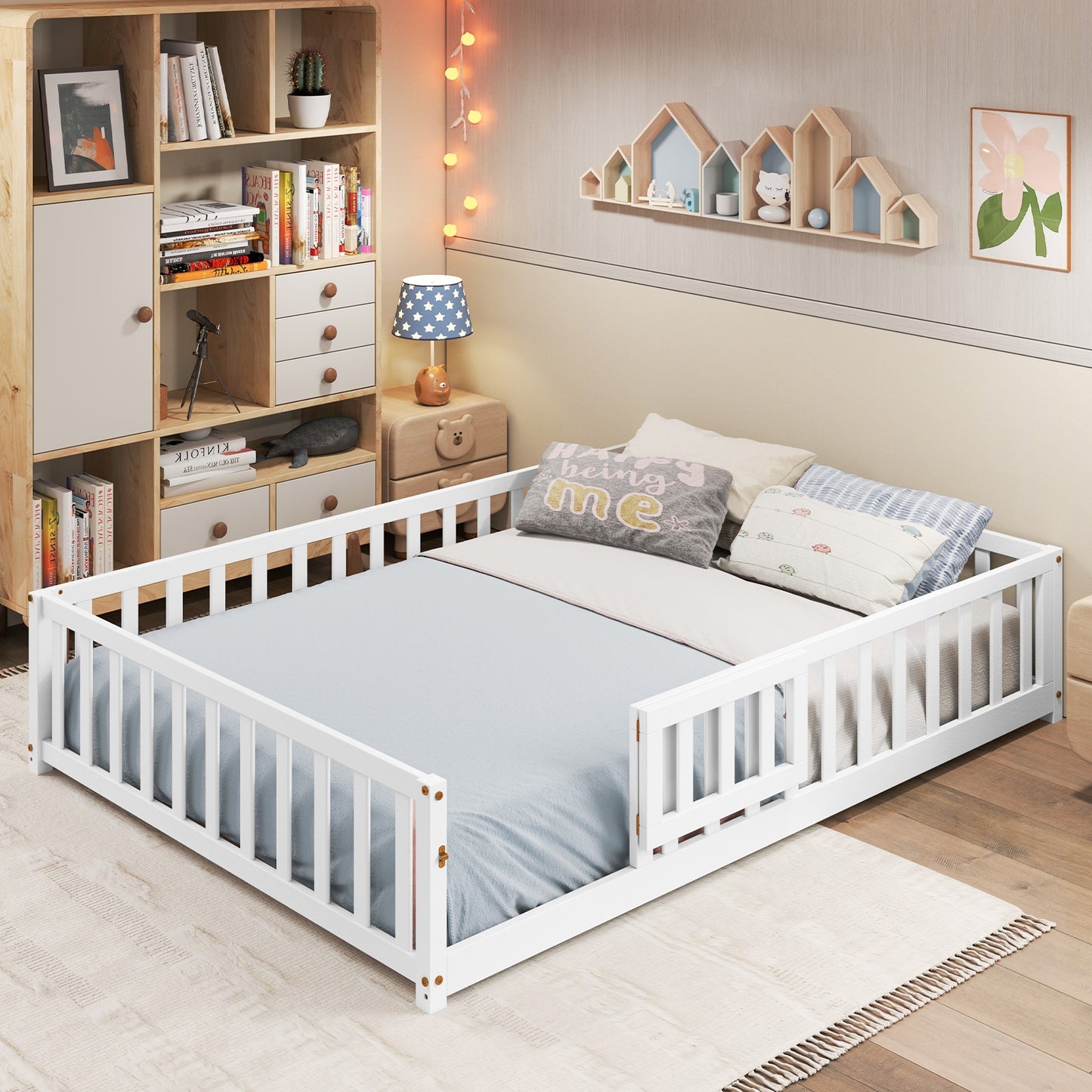 Montessori Bed Frame with Full-length Guardrails Safety Door and Latch, White Toddler Beds at Gallery Canada