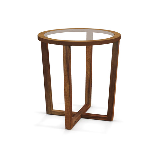 Modern Round End Table Sofa Side Table with Transparent Tempered Glass Top, Brown