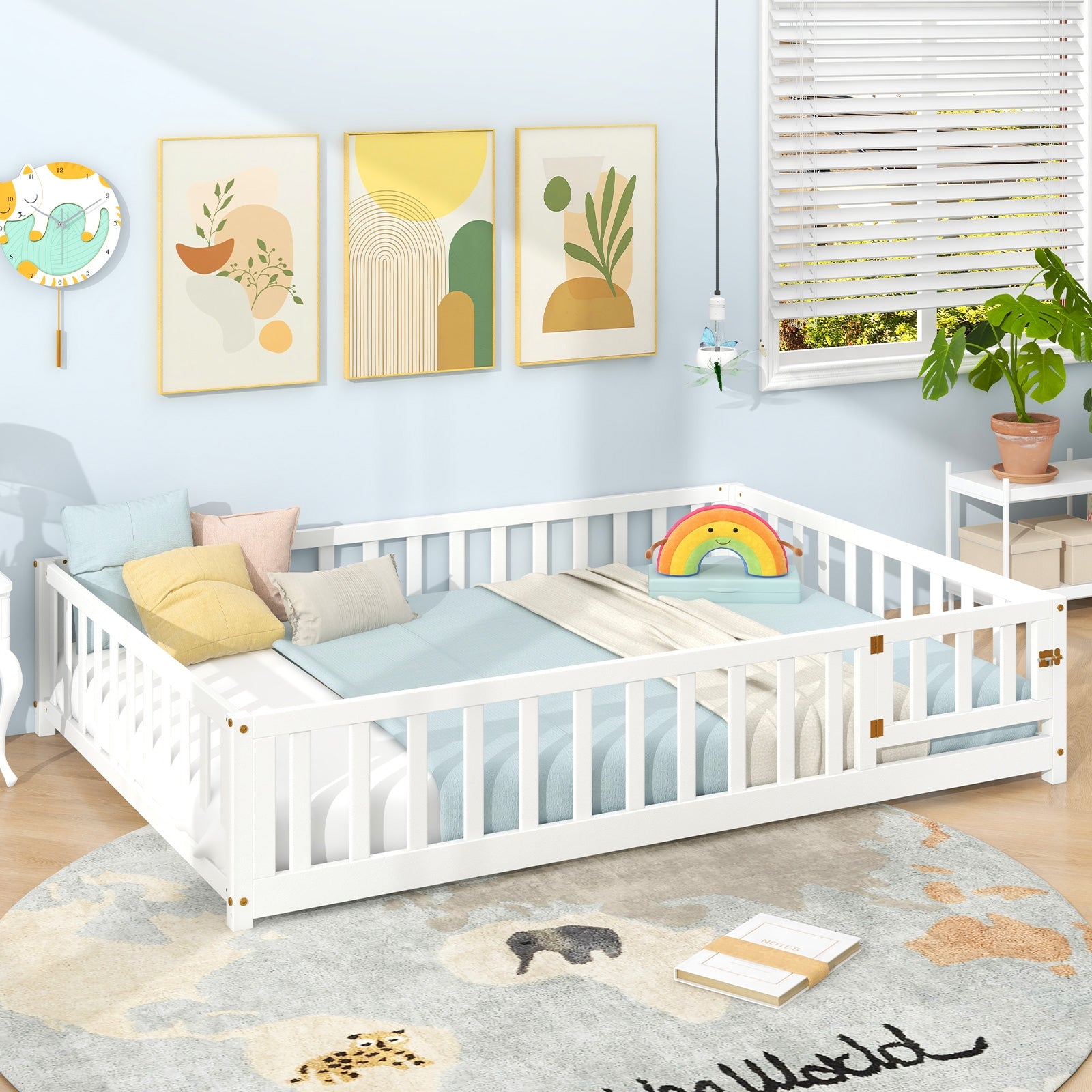 Montessori Bed Frame with Full-length Guardrails Safety Door and Latch, White Toddler Beds at Gallery Canada