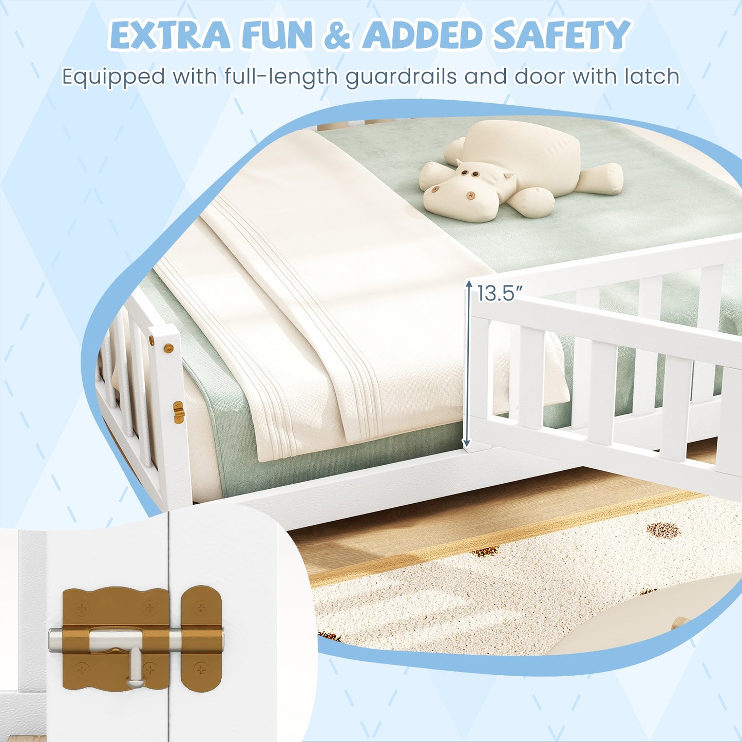 Montessori Bed Frame with Full-length Guardrails Safety Door and Latch, White Toddler Beds at Gallery Canada