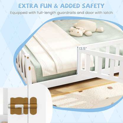 Montessori Bed Frame with Full-length Guardrails Safety Door and Latch, White Toddler Beds at Gallery Canada