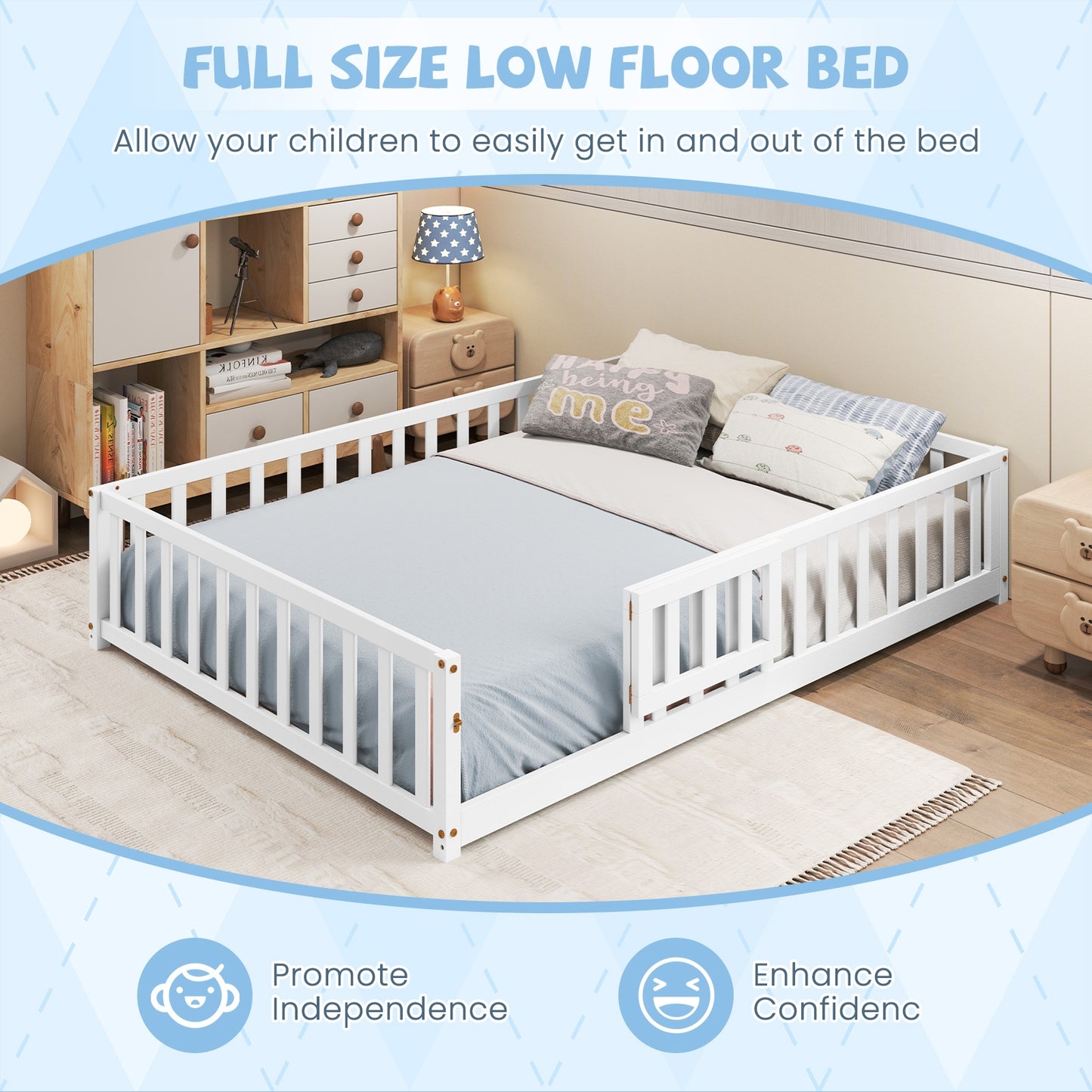 Montessori Bed Frame with Full-length Guardrails Safety Door and Latch, White Toddler Beds at Gallery Canada