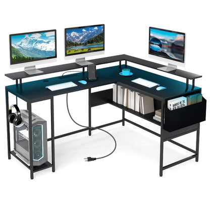 L-Shaped Gaming Desk with LED Lights and Power Outlets Home Office Computer Desk, Black L-Shaped Desks at Gallery Canada