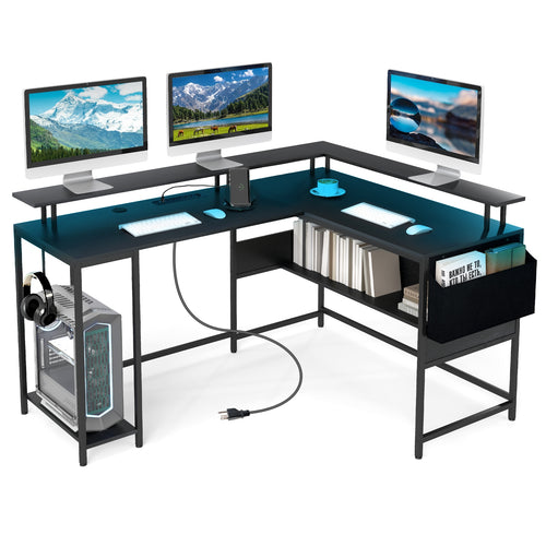 L-Shaped Gaming Desk with LED Lights and Power Outlets Home Office Computer Desk, Black