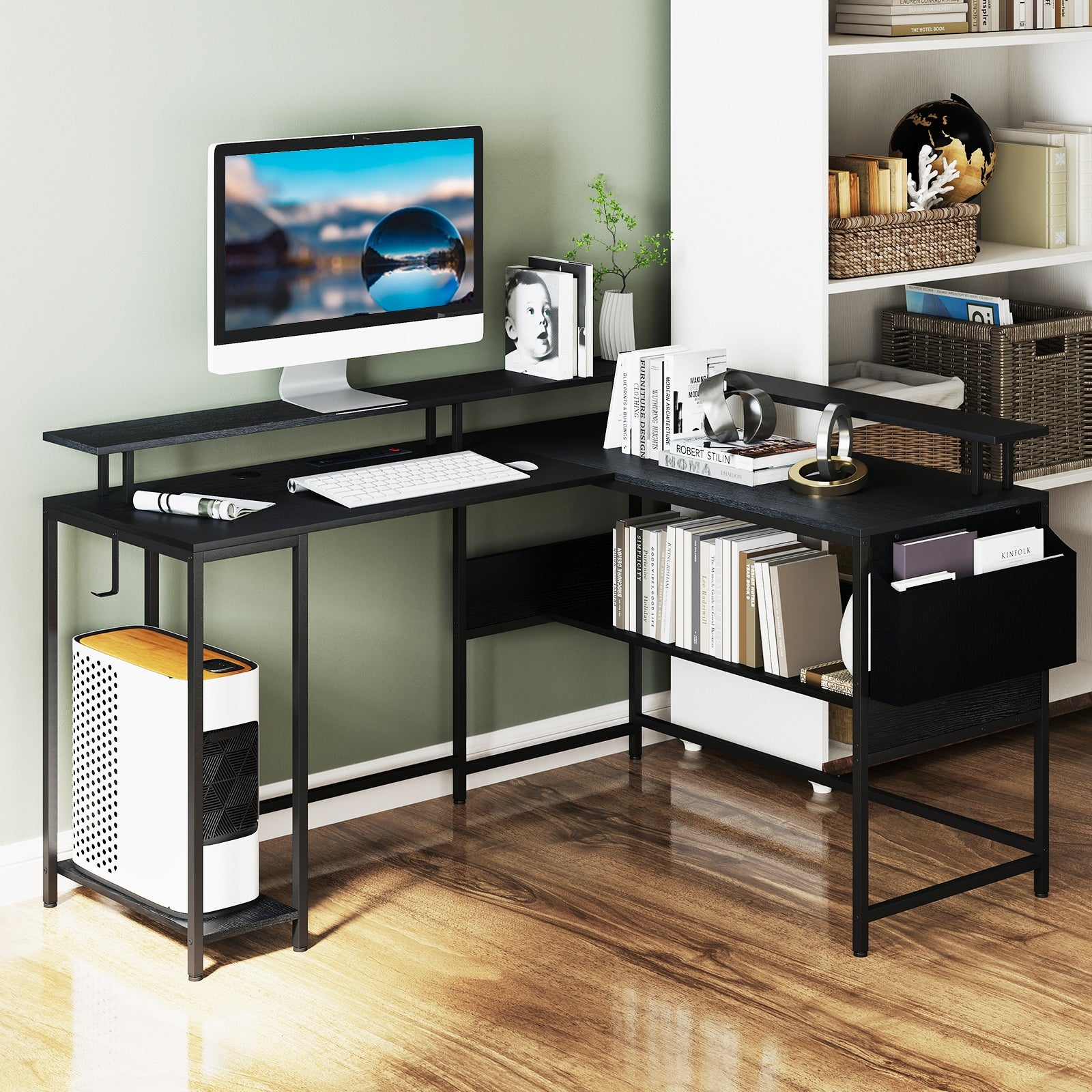 L-Shaped Gaming Desk with LED Lights and Power Outlets Home Office Computer Desk, Black L-Shaped Desks at Gallery Canada