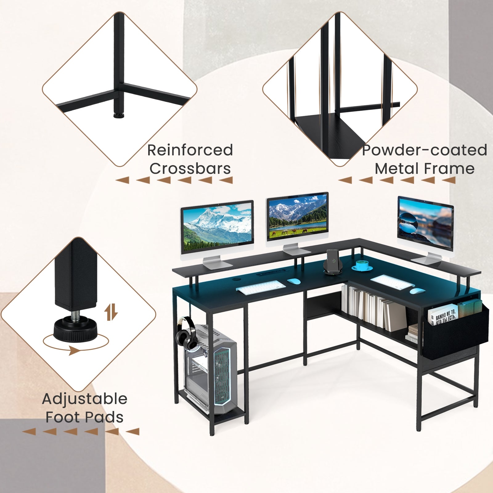 L-Shaped Gaming Desk with LED Lights and Power Outlets Home Office Computer Desk, Black L-Shaped Desks at Gallery Canada