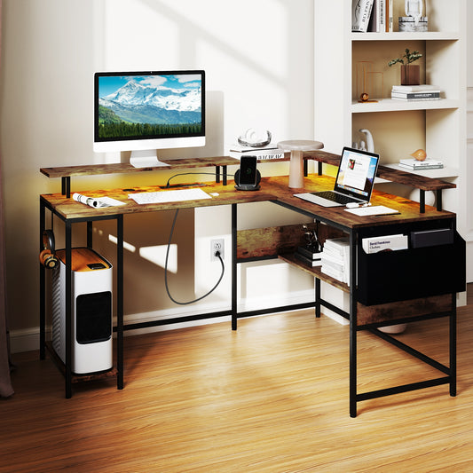 L-Shaped Gaming Desk with LED Lights and Power Outlets Home Office Computer Desk, Rustic Brown L-Shaped Desks Rustic Brown at Gallery Canada