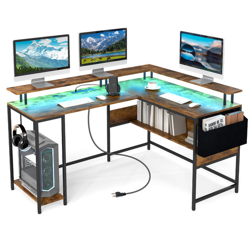 L-Shaped Gaming Desk with LED Lights and Power Outlets Home Office Computer Desk, Rustic Brown