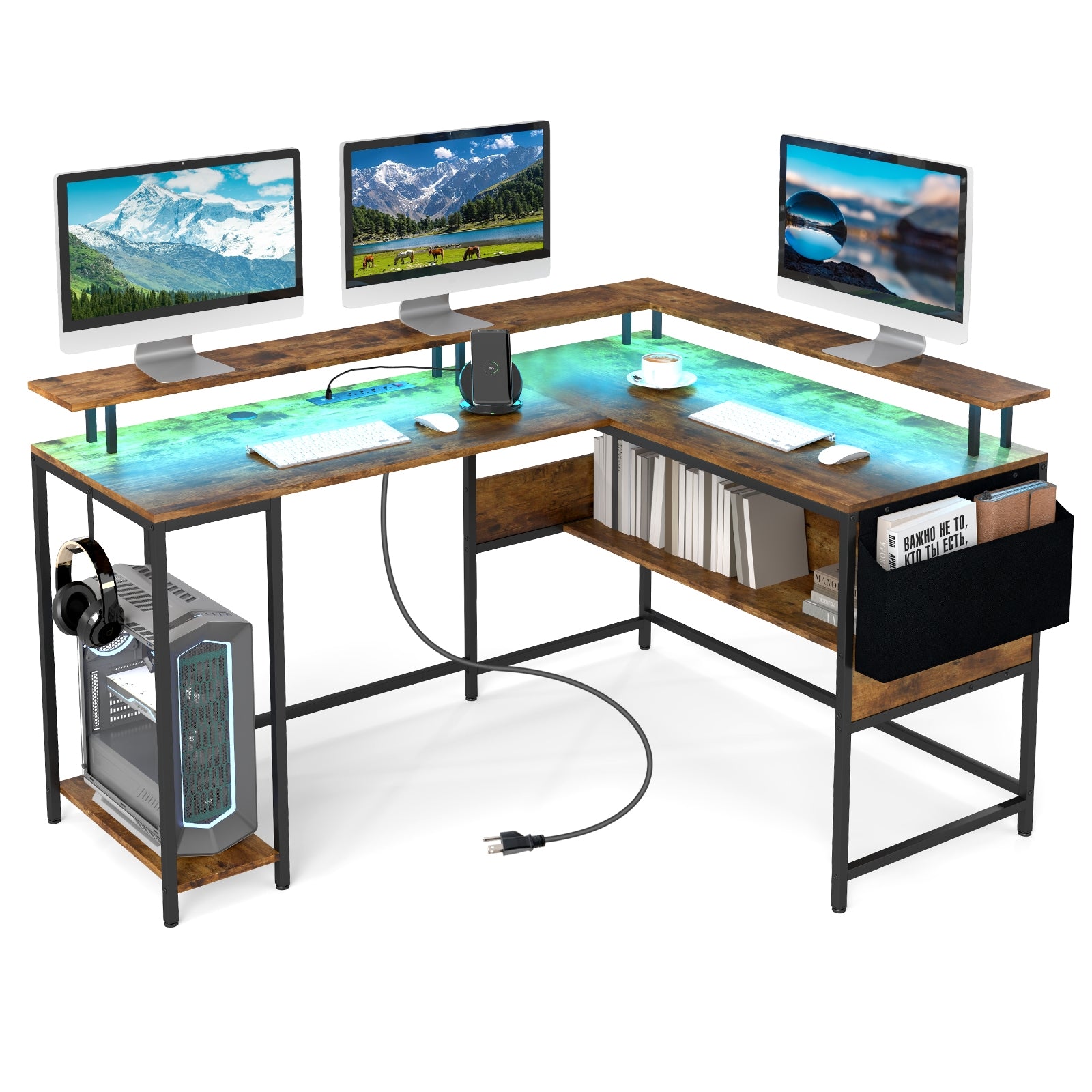 L-Shaped Gaming Desk with LED Lights and Power Outlets Home Office Computer Desk, Rustic Brown L-Shaped Desks at Gallery Canada