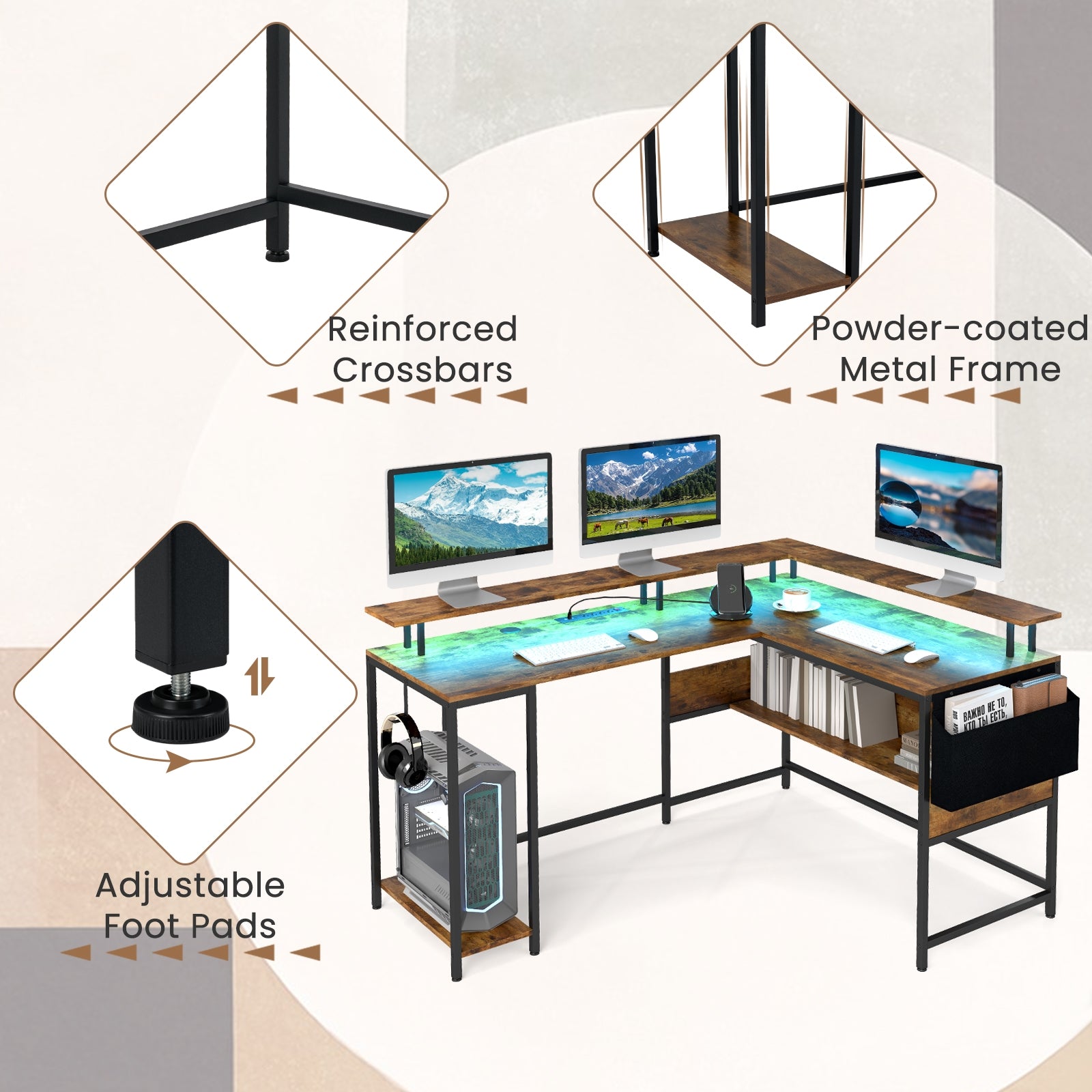L-Shaped Gaming Desk with LED Lights and Power Outlets Home Office Computer Desk, Rustic Brown L-Shaped Desks at Gallery Canada
