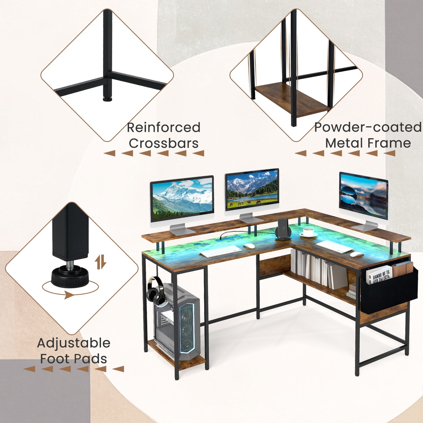L-Shaped Gaming Desk with LED Lights and Power Outlets Home Office Computer Desk, Rustic Brown L-Shaped Desks at Gallery Canada