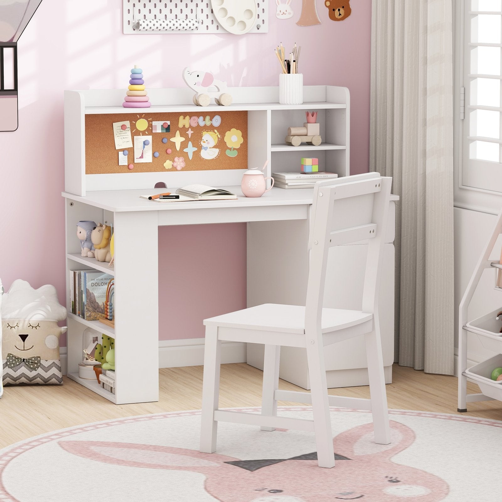 Kids Desk and Chair Set with Hutch and 3-Layer Side Shelf, White Kids Table & Chair Sets at Gallery Canada