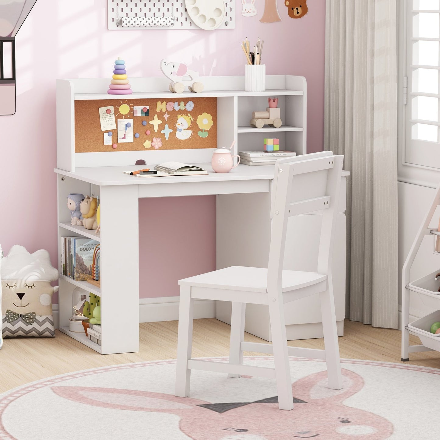 Kids Desk and Chair Set with Hutch and 3-Layer Side Shelf, White Kids Table & Chair Sets at Gallery Canada