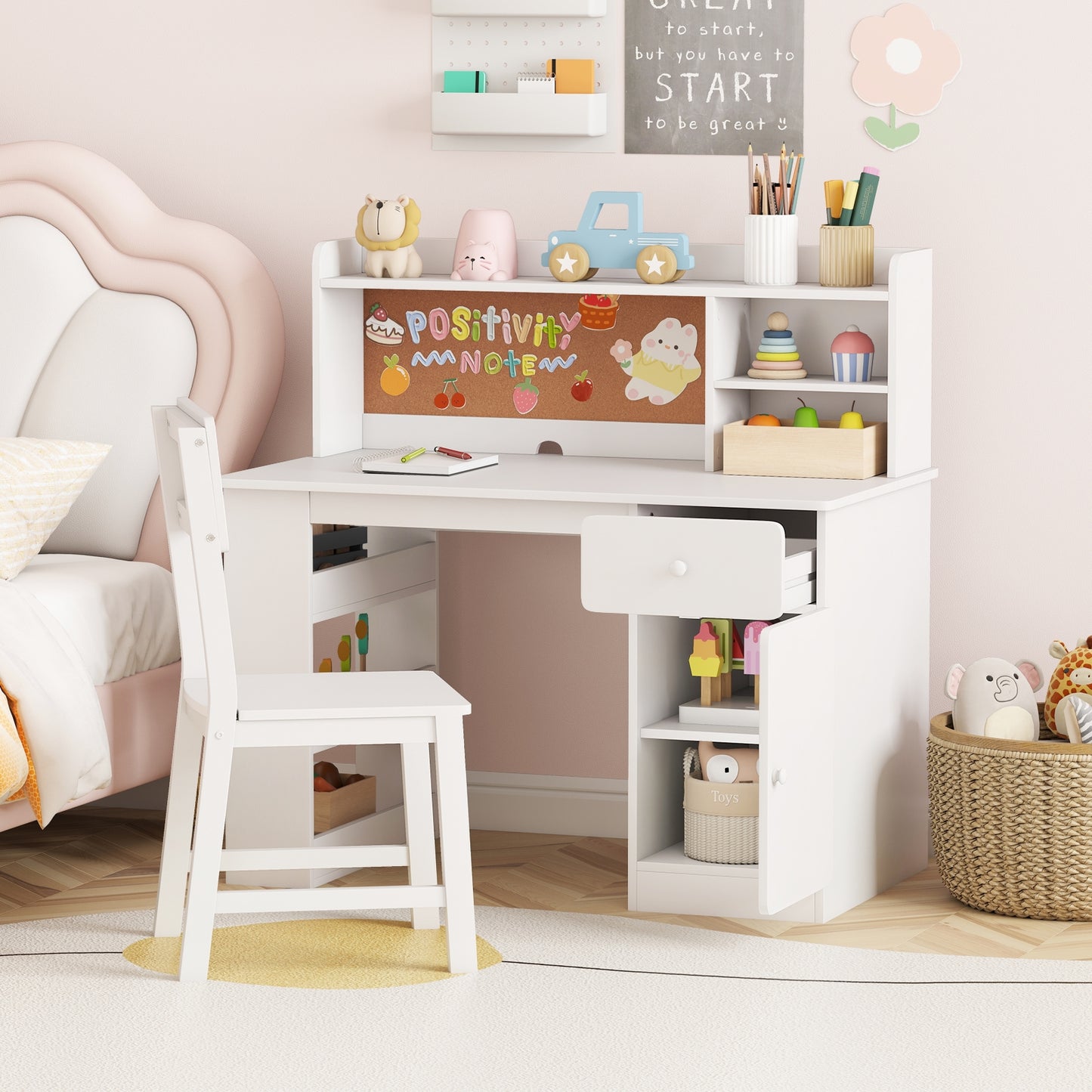 Kids Desk and Chair Set with Hutch and 3-Layer Side Shelf, White Kids Table & Chair Sets at Gallery Canada