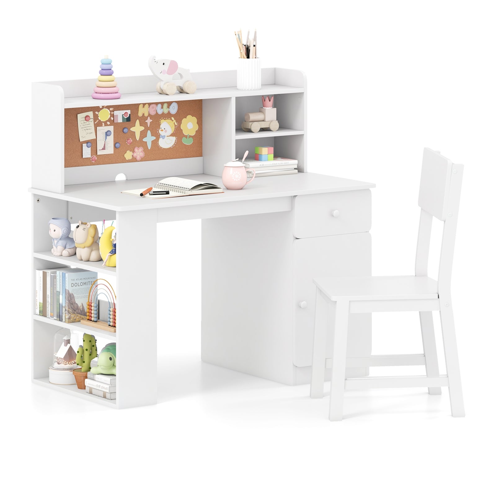 Kids Desk and Chair Set with Hutch and 3-Layer Side Shelf, White Kids Table & Chair Sets at Gallery Canada
