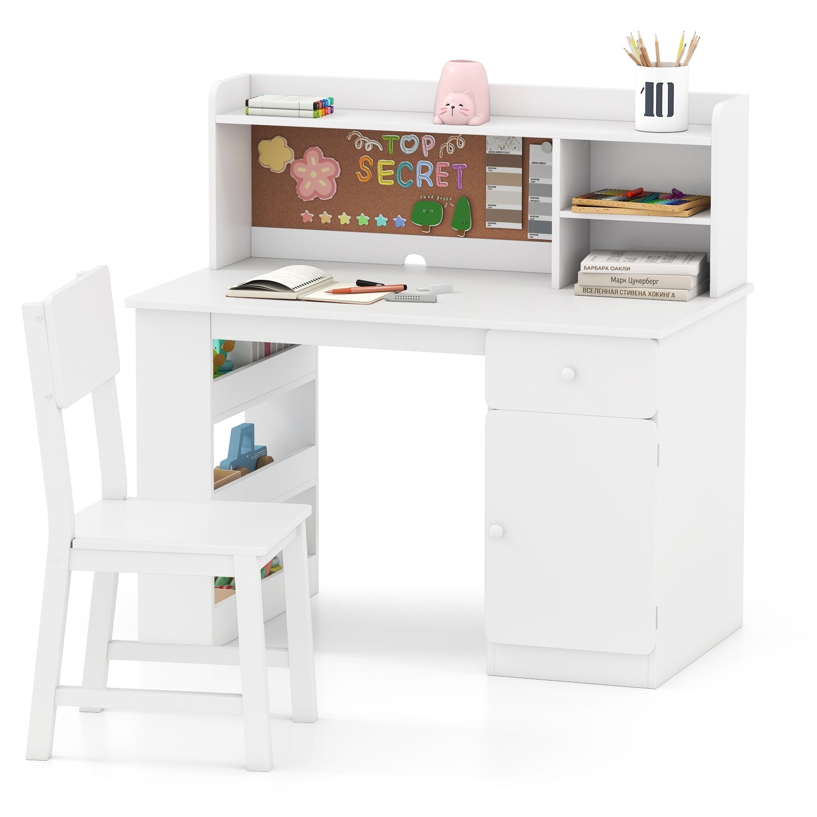 Kids Desk and Chair Set with Hutch and 3-Layer Side Shelf, White Kids Table & Chair Sets at Gallery Canada