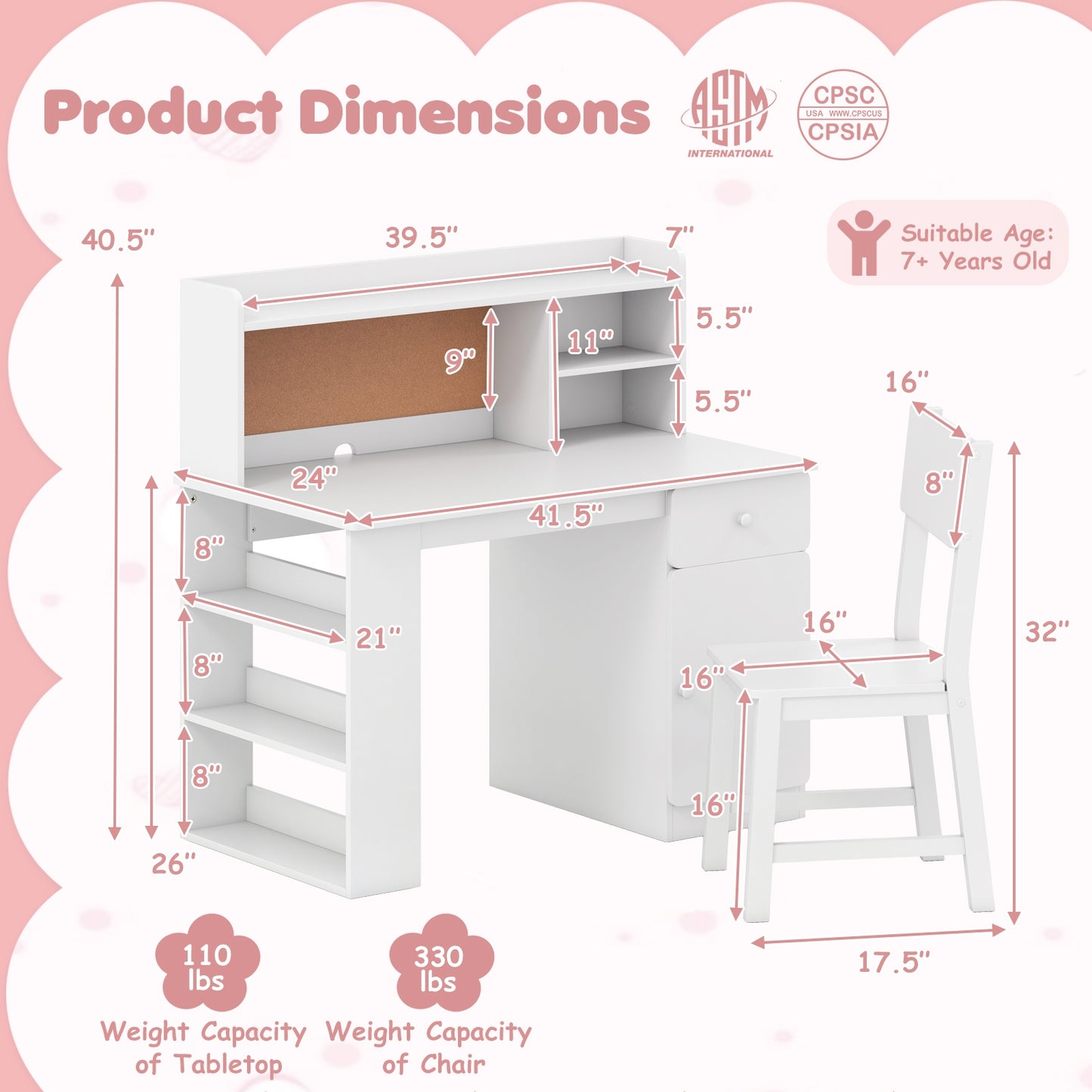 Kids Desk and Chair Set with Hutch and 3-Layer Side Shelf, White Kids Table & Chair Sets at Gallery Canada