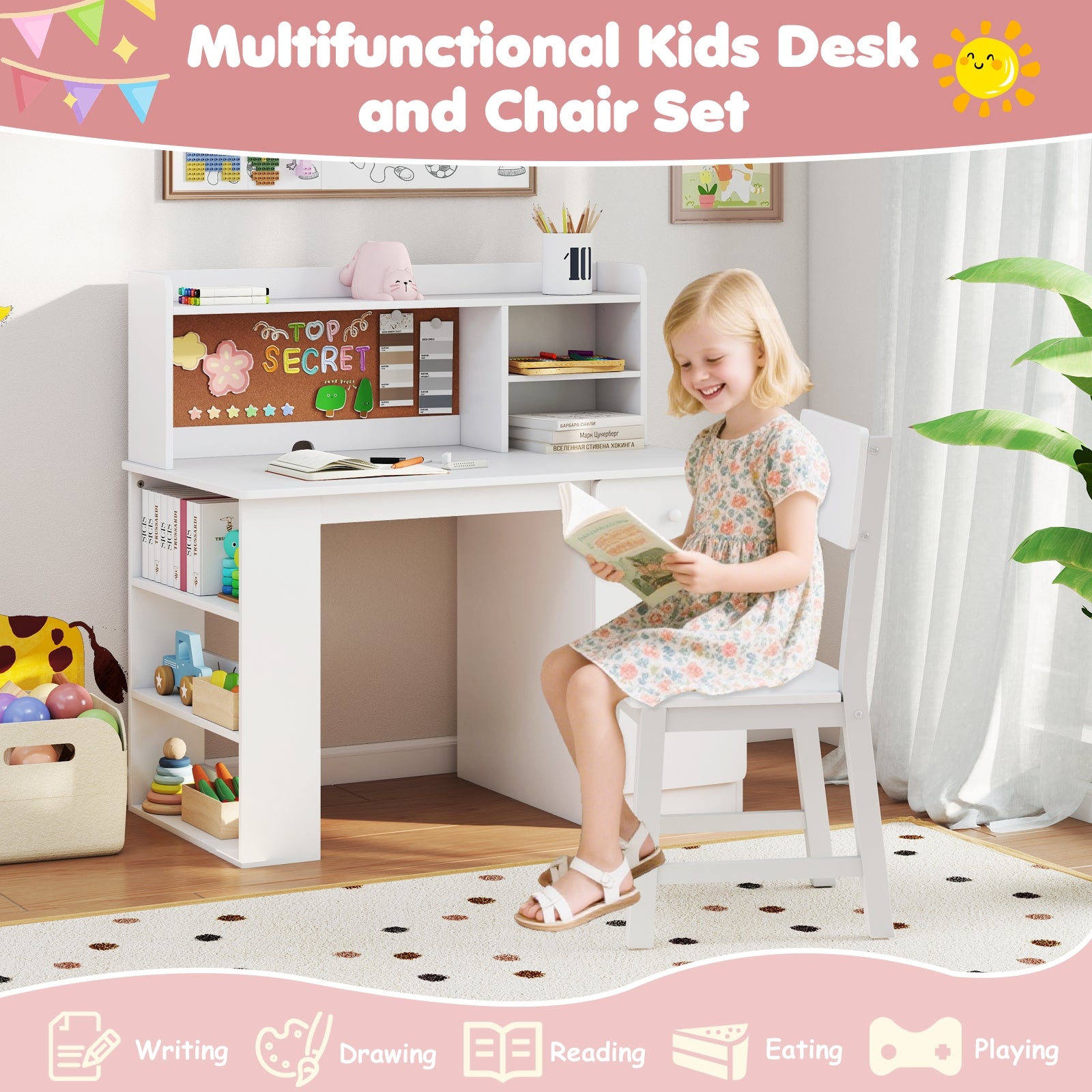 Kids Desk and Chair Set with Hutch and 3-Layer Side Shelf, White Kids Table & Chair Sets at Gallery Canada