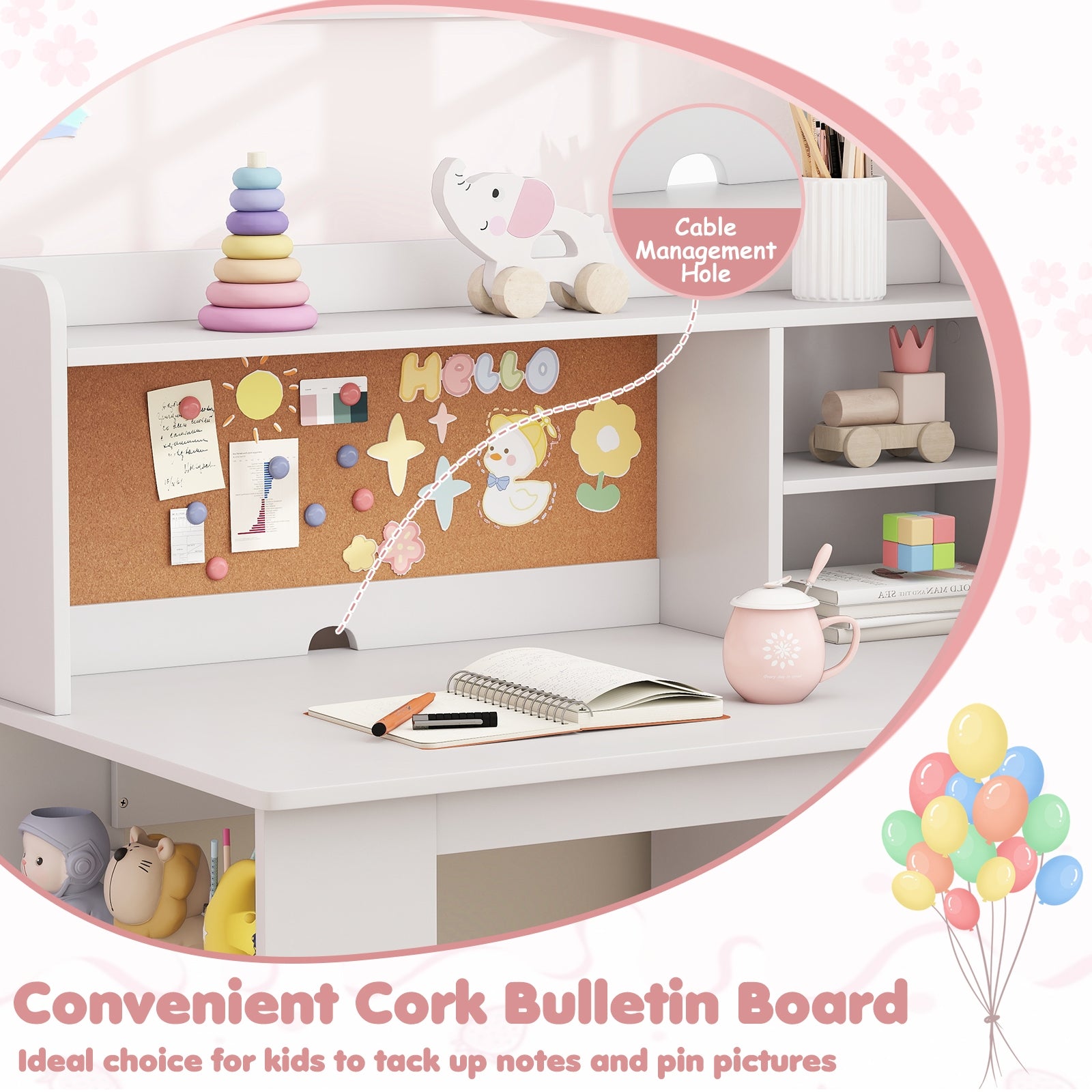 Kids Desk and Chair Set with Hutch and 3-Layer Side Shelf, White Kids Table & Chair Sets at Gallery Canada