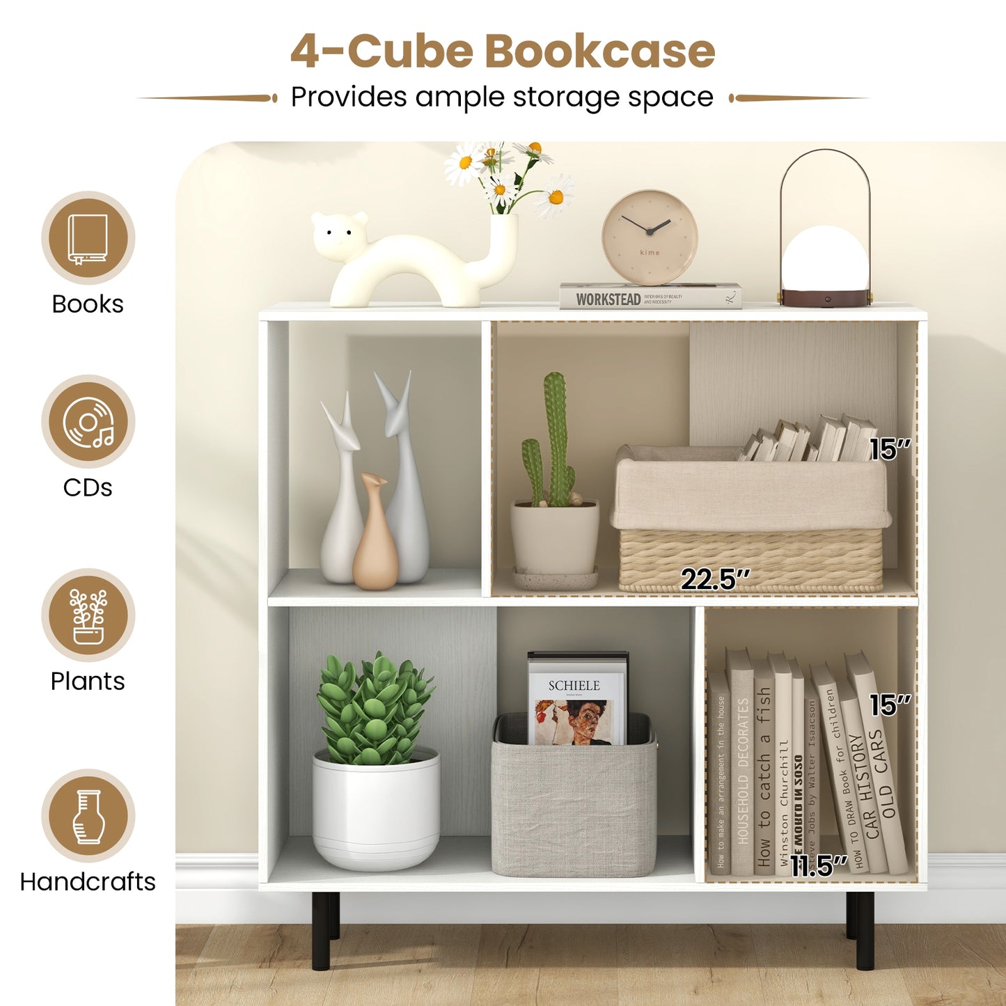 Open Shelf Bookcase, 4 Compartments, White Bookcases at Gallery Canada