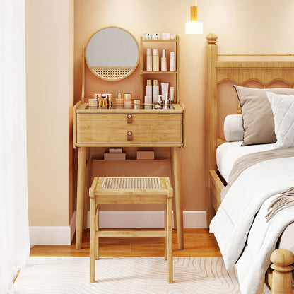 Small Vanity Desk and Stool Set with Mirror and 2 Drawers, Natural Makeup Vanities at Gallery Canada
