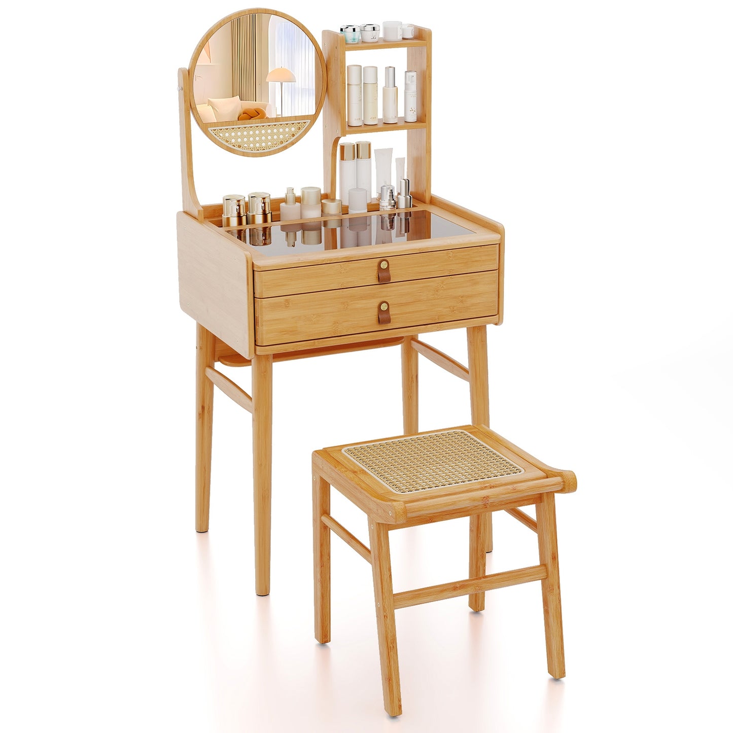 Small Vanity Desk and Stool Set with Mirror and 2 Drawers, Natural Makeup Vanities Natural at Gallery Canada