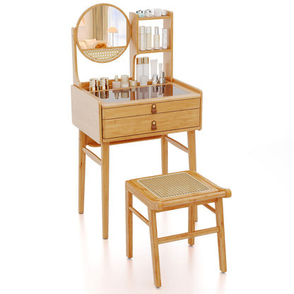 Small Vanity Desk and Stool Set with Mirror and 2 Drawers, Natural Makeup Vanities Natural at Gallery Canada