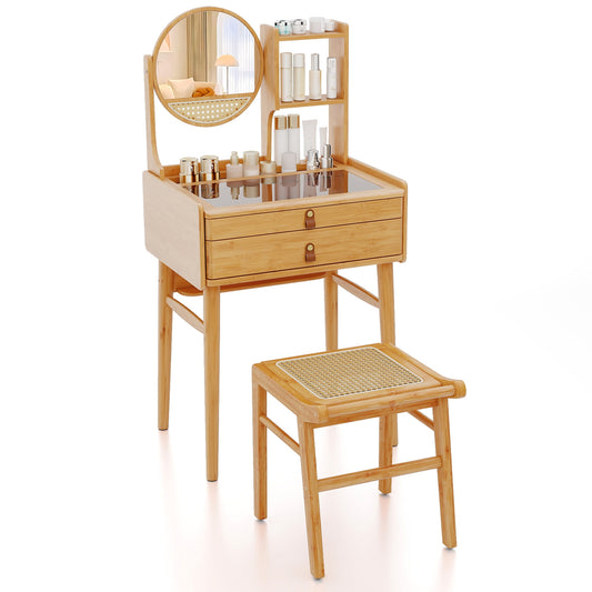 Small Vanity Desk And Stool Set With Mirror, 2 Drawers, Natural Makeup Vanities Natural at Gallery Canada