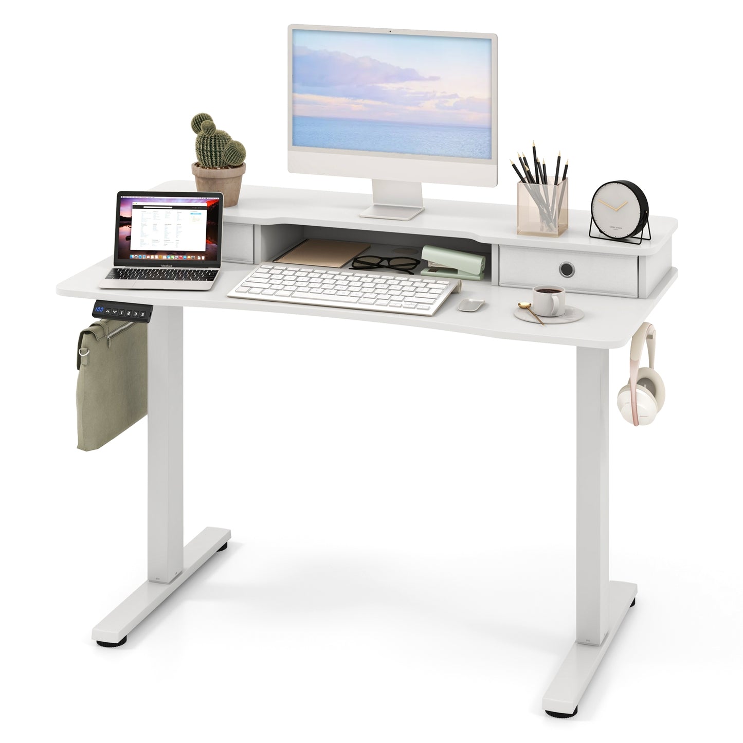 48 Inch x 24 Inch Height Adjustable Electric Standing Desk with 2 Drawers, White Standing Desks at Gallery Canada